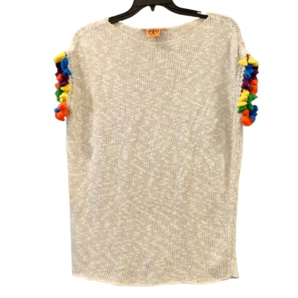 TORY BURCH~Pom Pom SHORT SLEEVE SWEATER BEIGE COTTON LINEN OVERSIZED SIZE SMALL - Picture 1 of 5